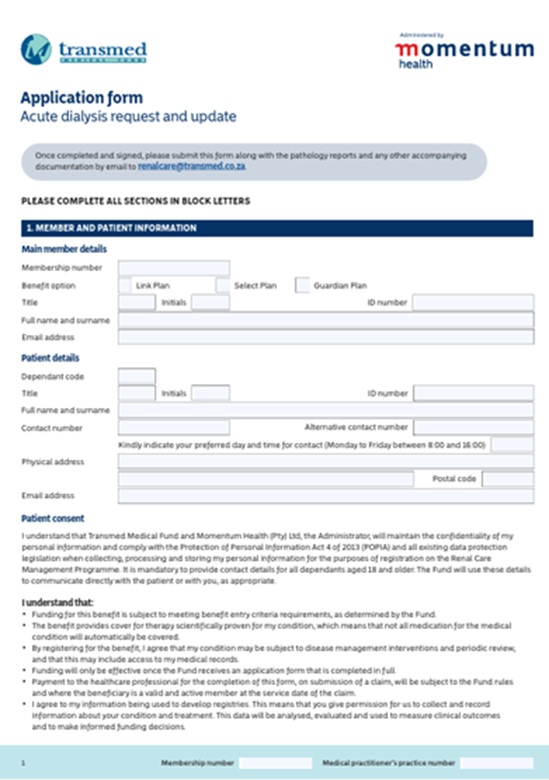 Acute dialysis request and update application form