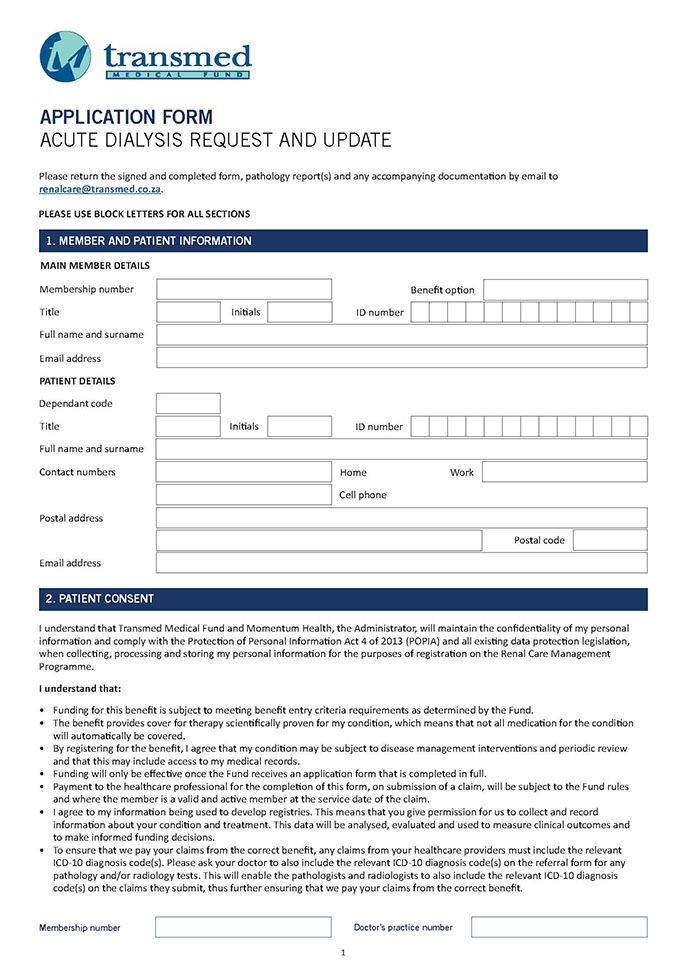 Acute dialysis request and update application form