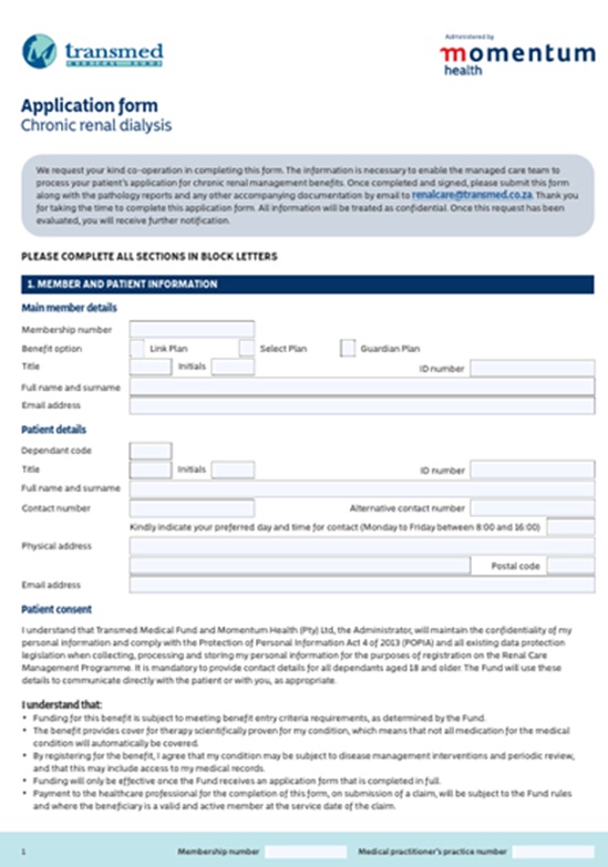 Chronic renal dialysis application form 
